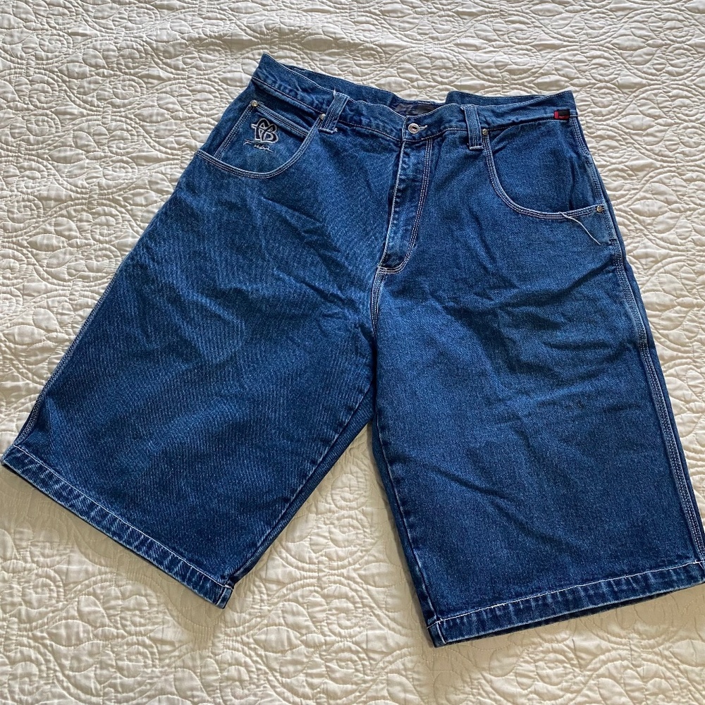Vintage FUBU Denim Shorts Mens Hip Hop Y2K Blue Jean Shorts Embroidered Logo